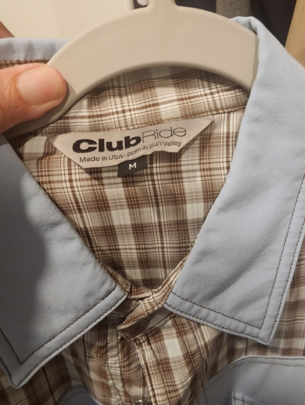 Club Ride Western-themed Riding Shirt. Light Blue with Brown Plaid Yoke - Picture 4 of 4